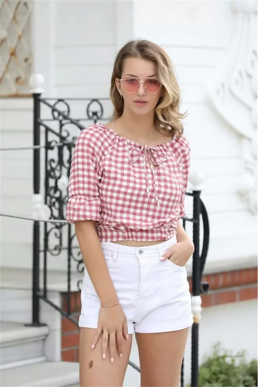 Bağlama Detaylı Crop Bluz 1736 Gül Kurusu