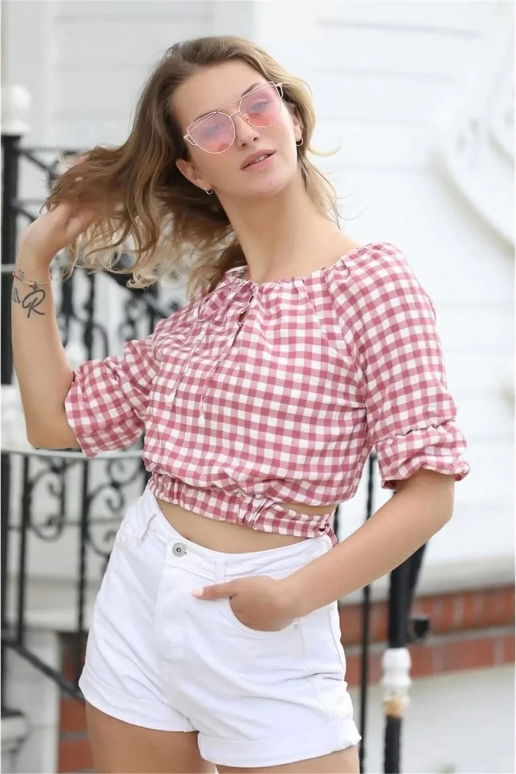 Bağlama Detaylı Crop Bluz 1736 Gül Kurusu