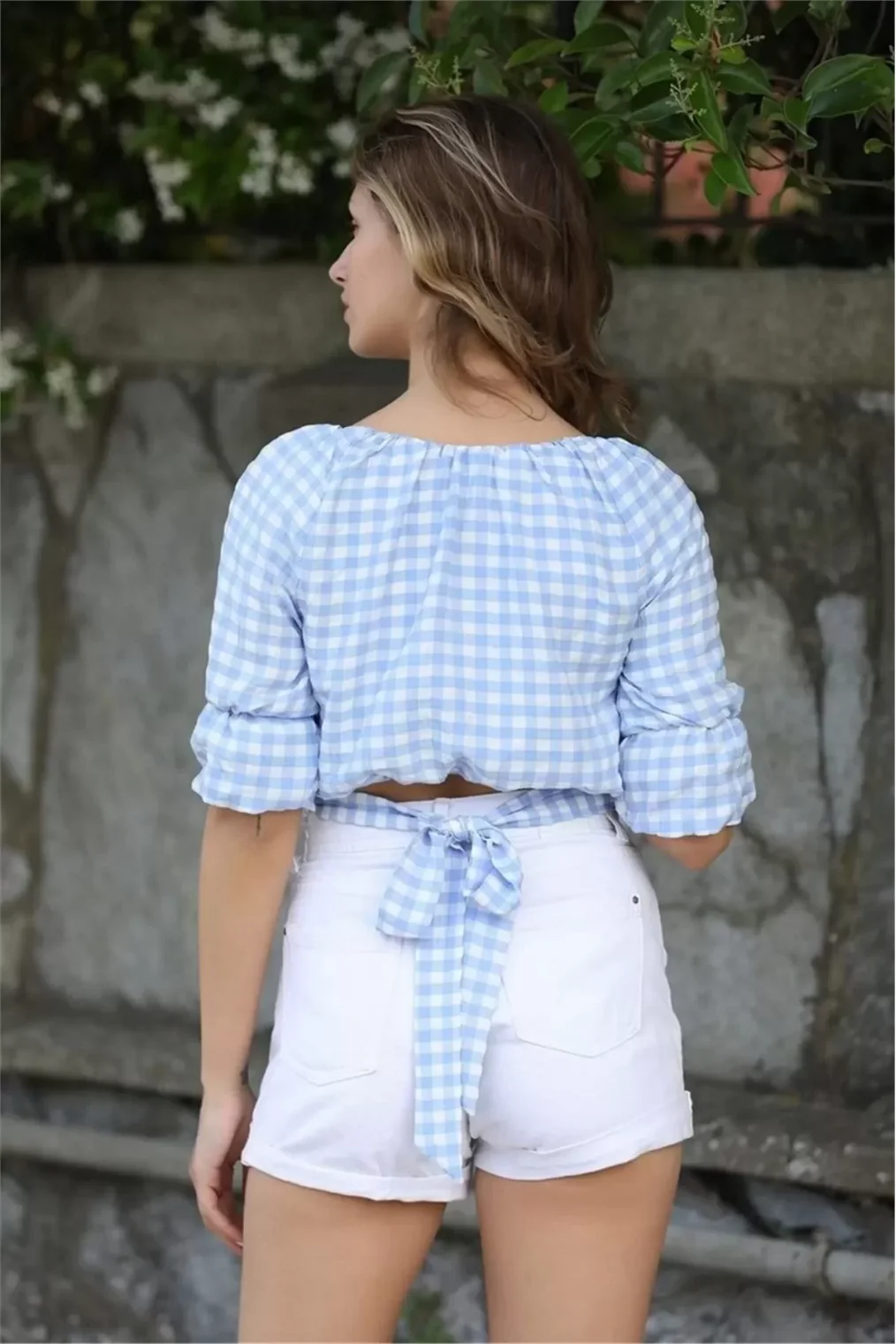 Bağlama Detaylı Crop Bluz 1736 Mavi