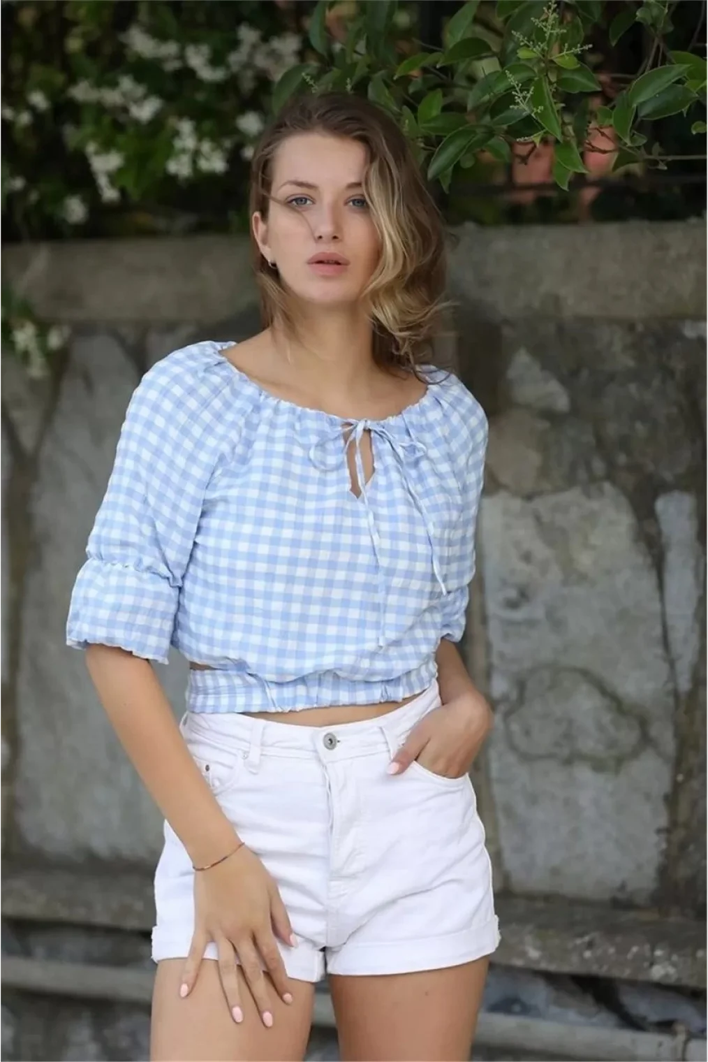 Bağlama Detaylı Crop Bluz 1736 Mavi