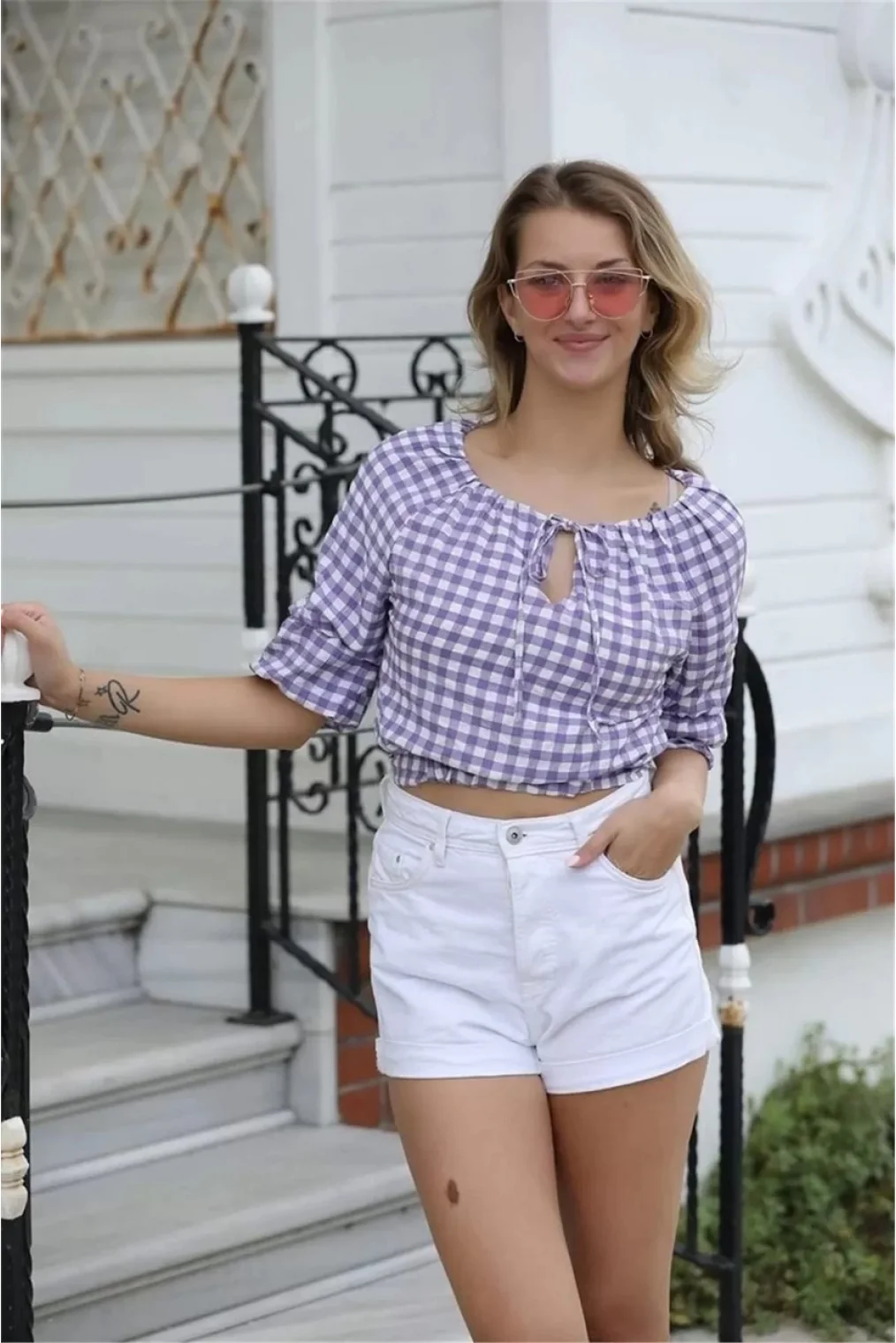 Bağlama Detaylı Crop Bluz 1736 Mor