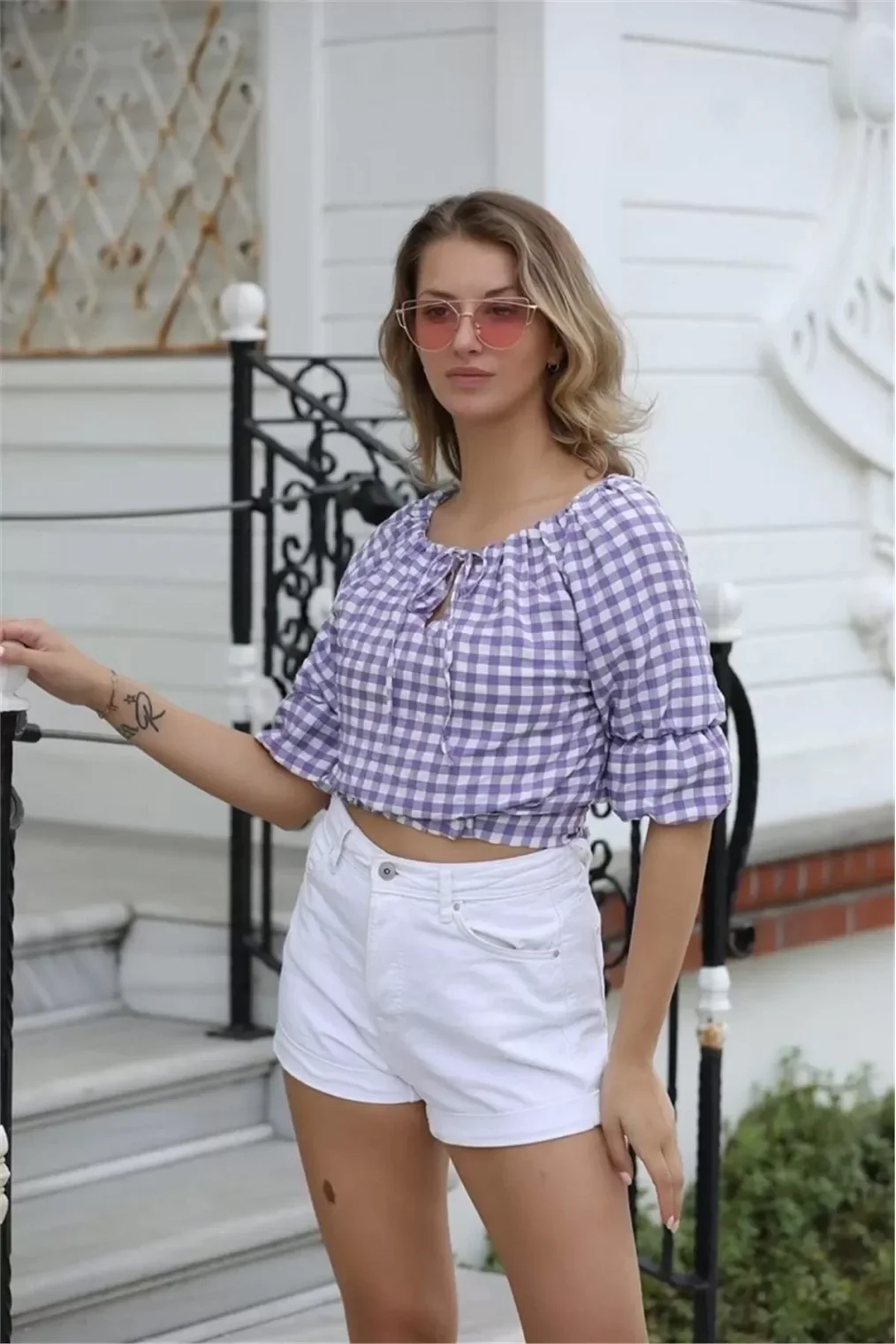 Bağlama Detaylı Crop Bluz 1736 Mor