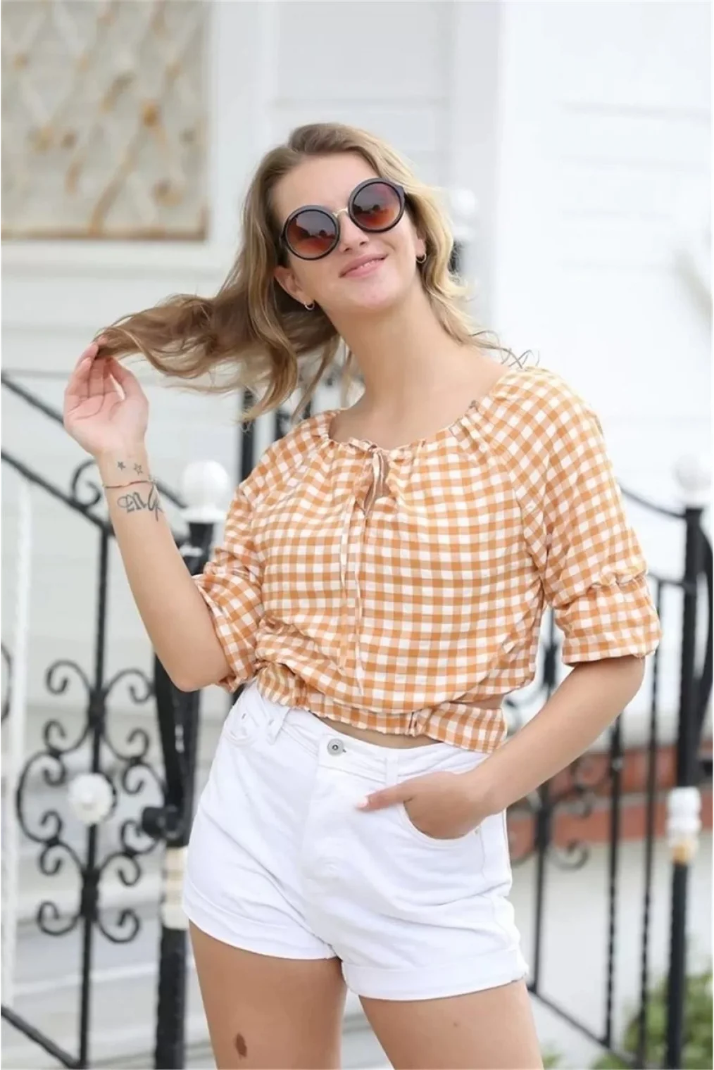 Bağlama Detaylı Crop Bluz 1736 Sarı