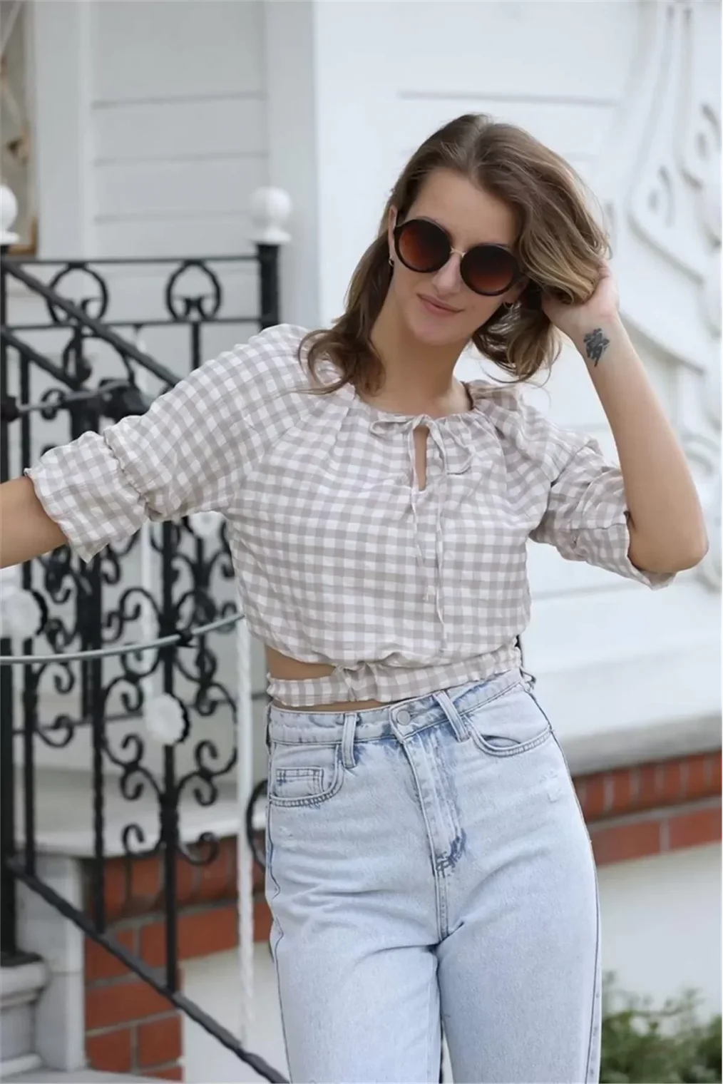 Bağlama Detaylı Crop Bluz 1736 Vizon