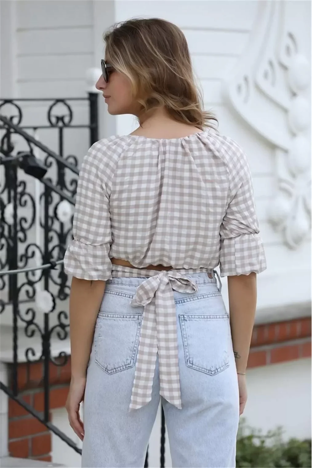 Bağlama Detaylı Crop Bluz 1736 Vizon