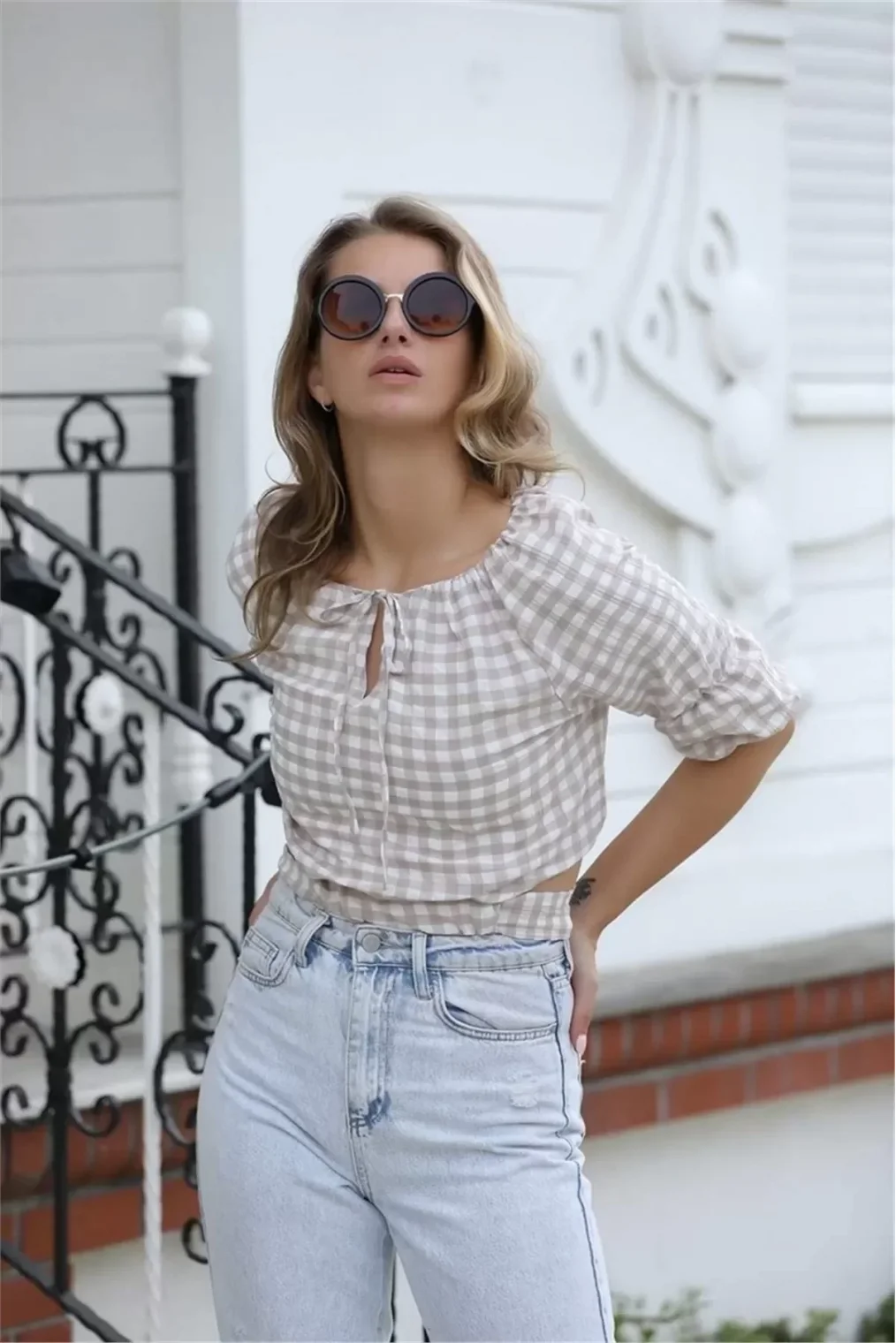 Bağlama Detaylı Crop Bluz 1736 Vizon