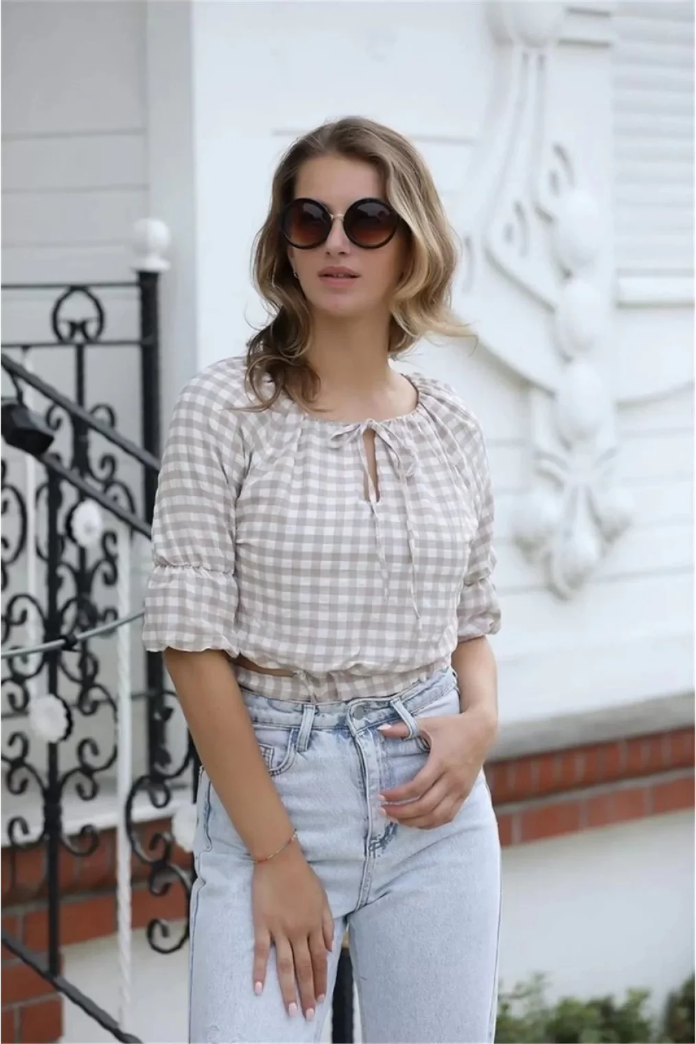 Bağlama Detaylı Crop Bluz 1736 Vizon