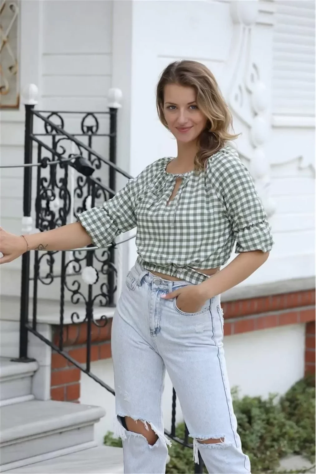 Bağlama Detaylı Crop Bluz 1736 Yeşil