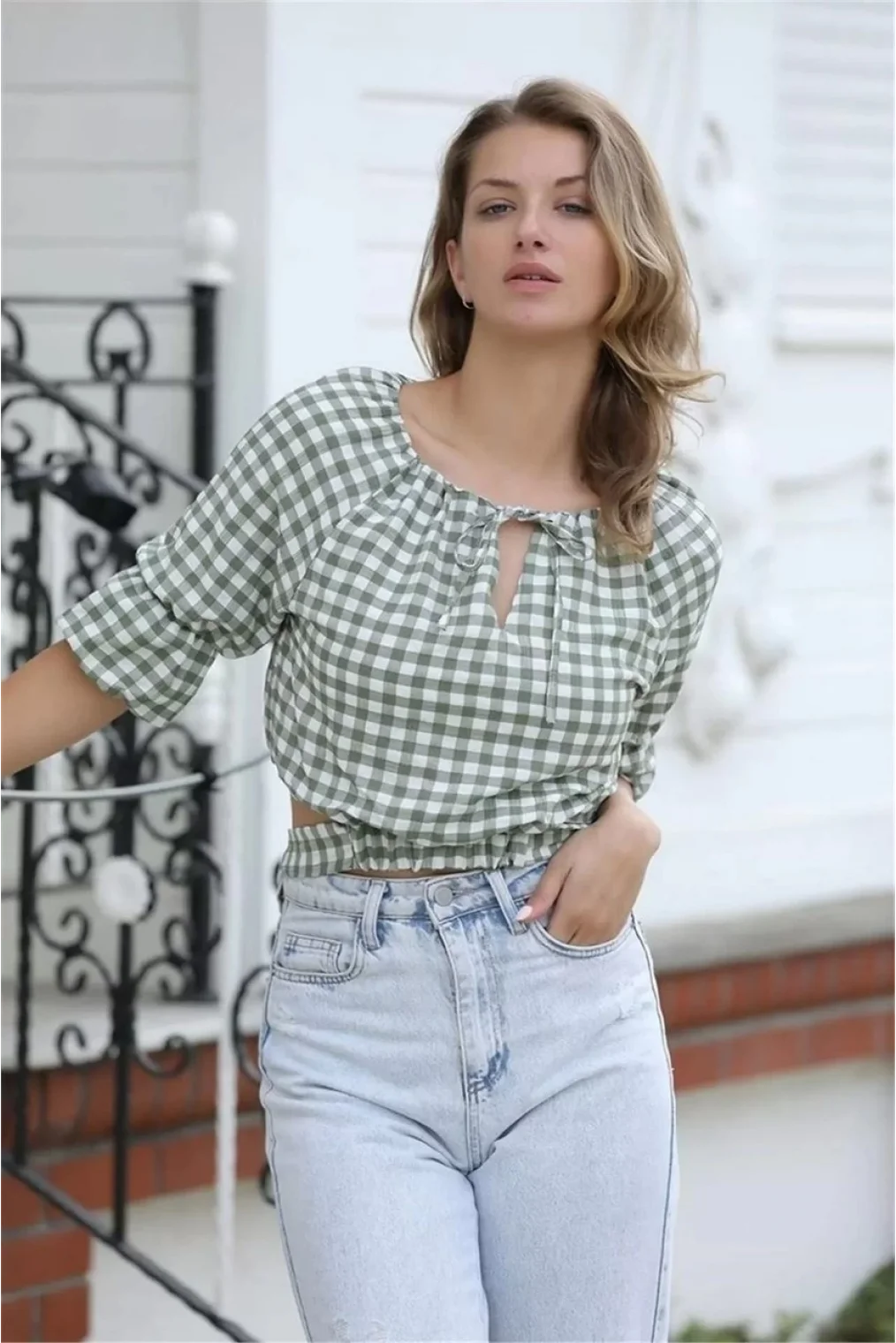 Bağlama Detaylı Crop Bluz 1736 Yeşil