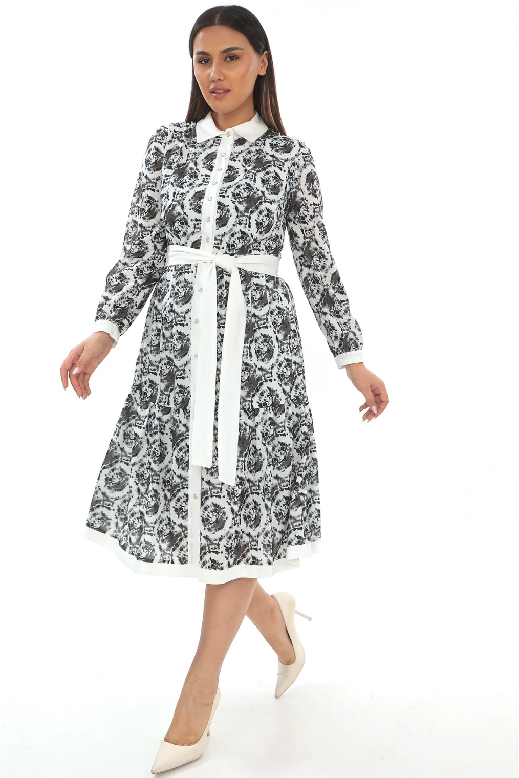 Bağlama Detaylı Gömlek Yaka Büyük Beden Elbise 2214-Siyah