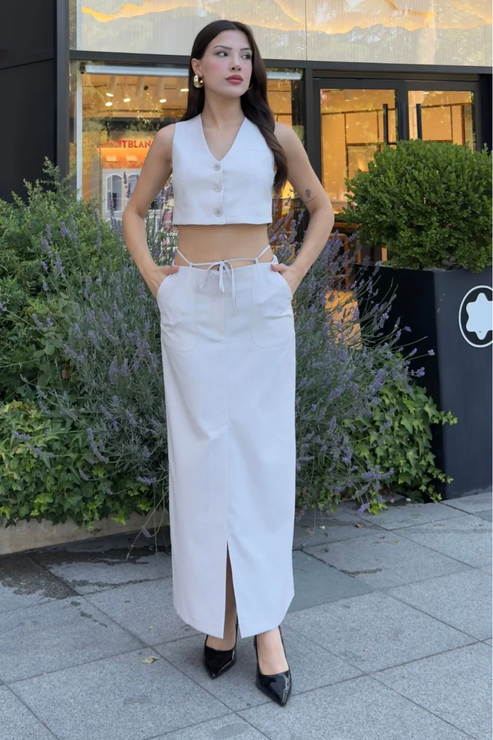 Bağlama Detaylı İkili Takım 46139-Krem