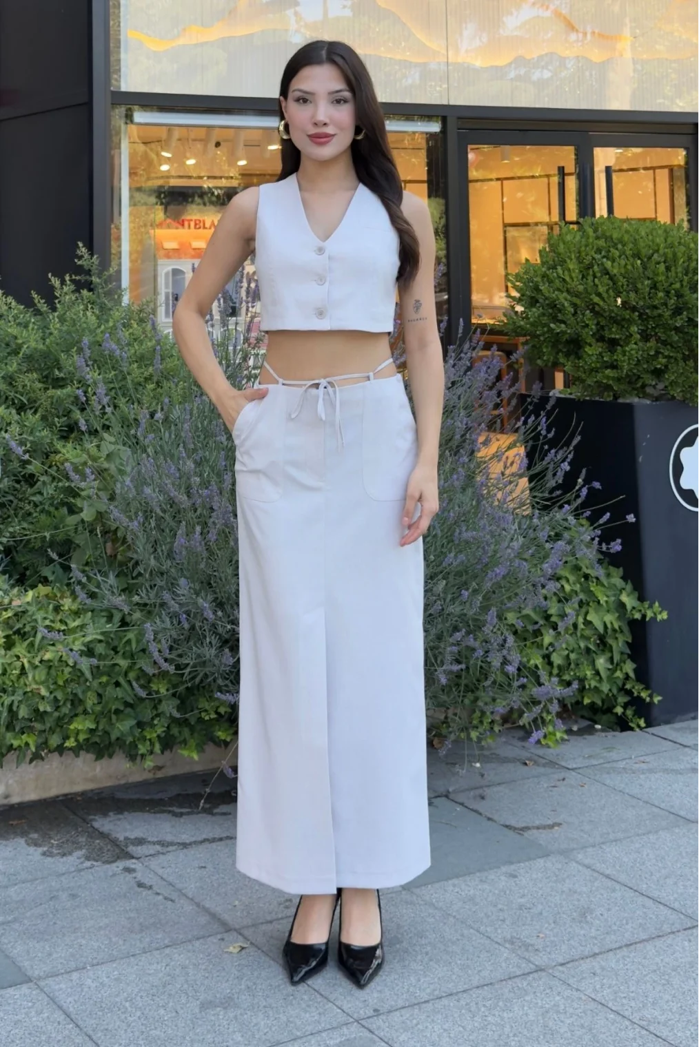 Bağlama Detaylı İkili Takım 46139-Krem