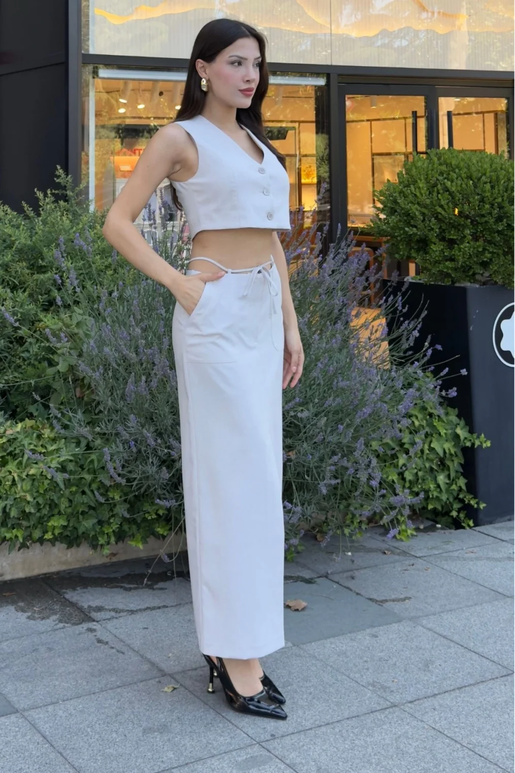 Bağlama Detaylı İkili Takım 46139-Krem