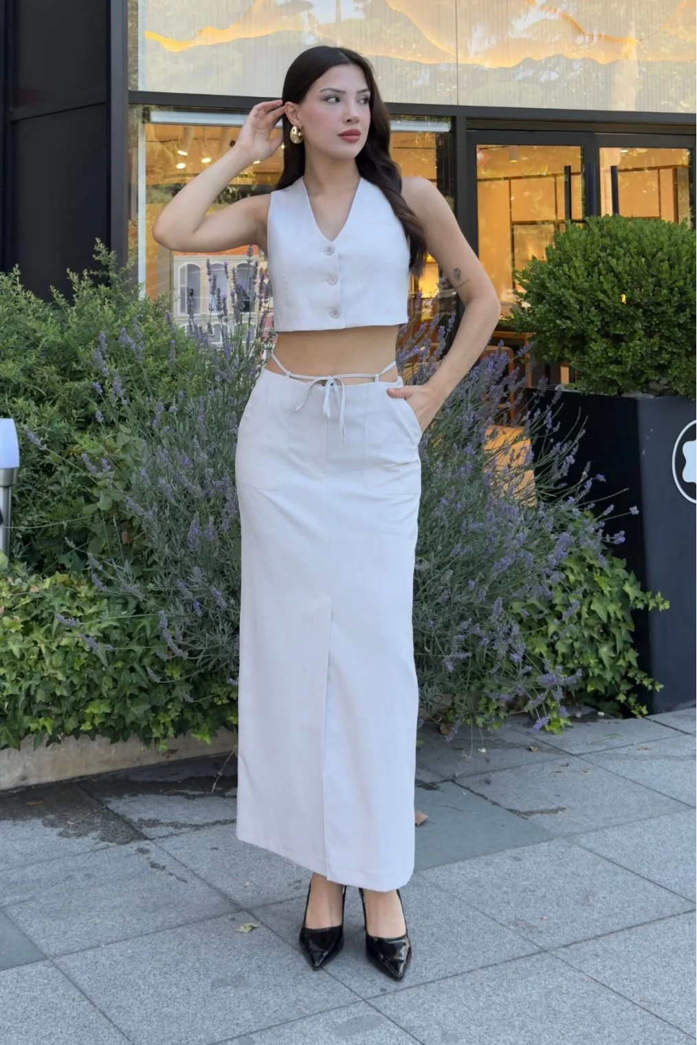 Bağlama Detaylı İkili Takım 46139-Krem