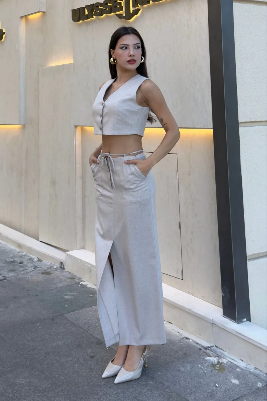 Bağlama Detaylı İkili Takım 46139-Bej