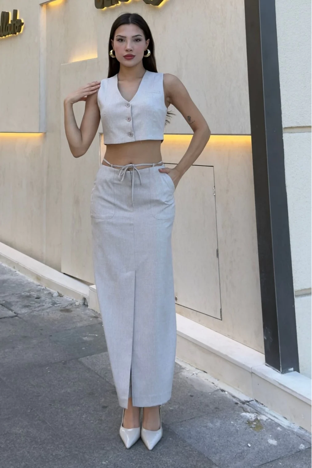 Bağlama Detaylı İkili Takım 46139-Bej