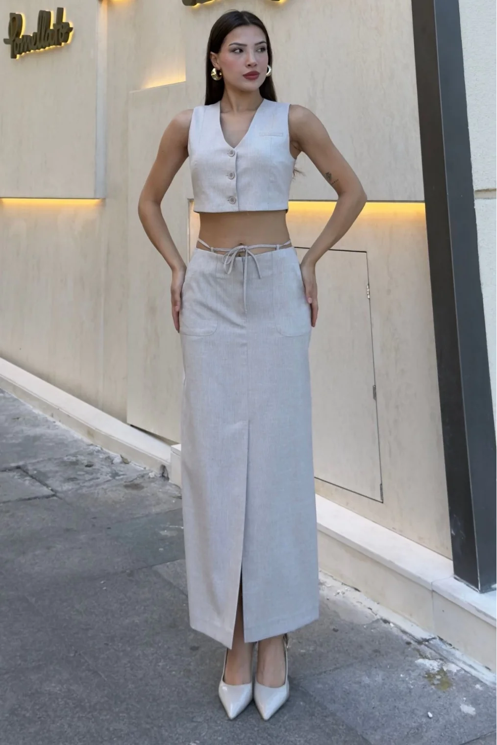 Bağlama Detaylı İkili Takım 46139-Bej