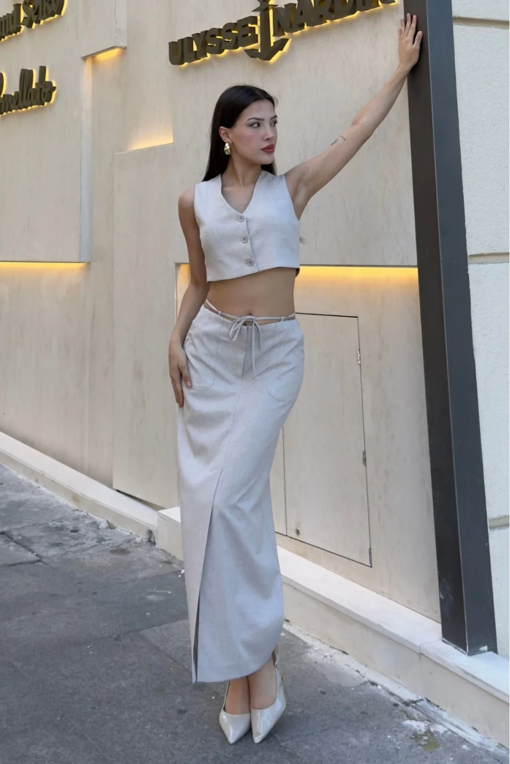 Bağlama Detaylı İkili Takım 46139-Bej