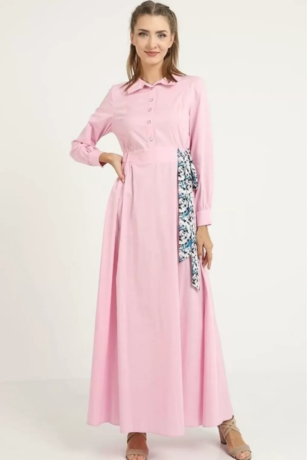 Bağlama Detaylı Maxi Elbise 664-Pembe