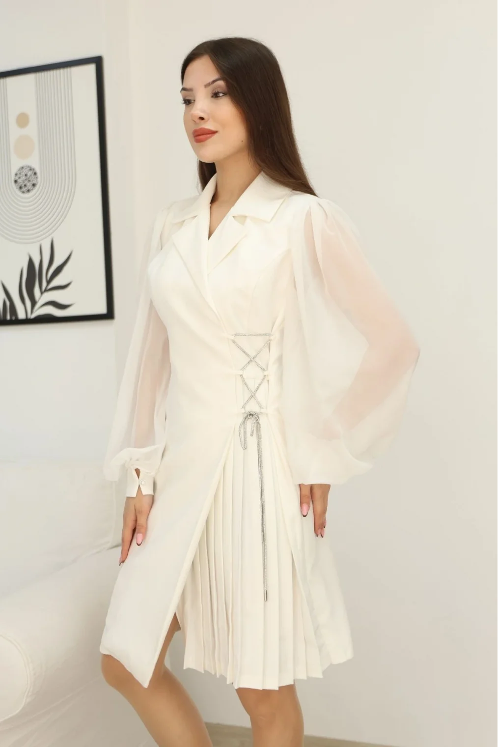 Bağlama Detaylı Piliseli Elbise 2324-Beyaz