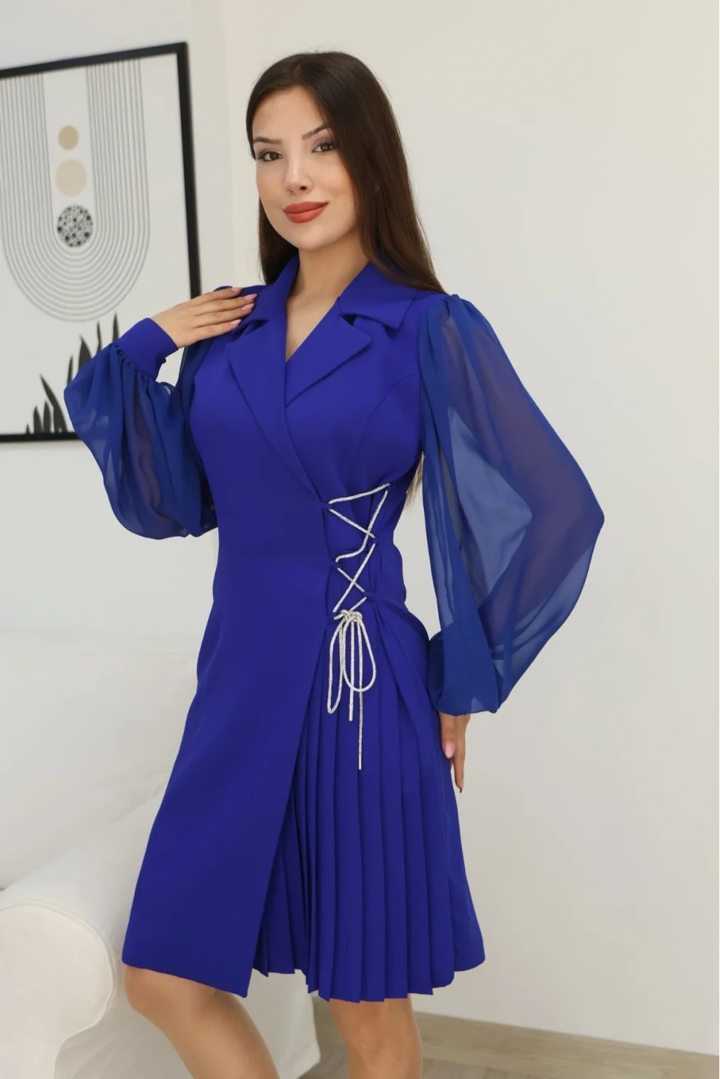 Bağlama Detaylı Piliseli Elbise 2324-Saks