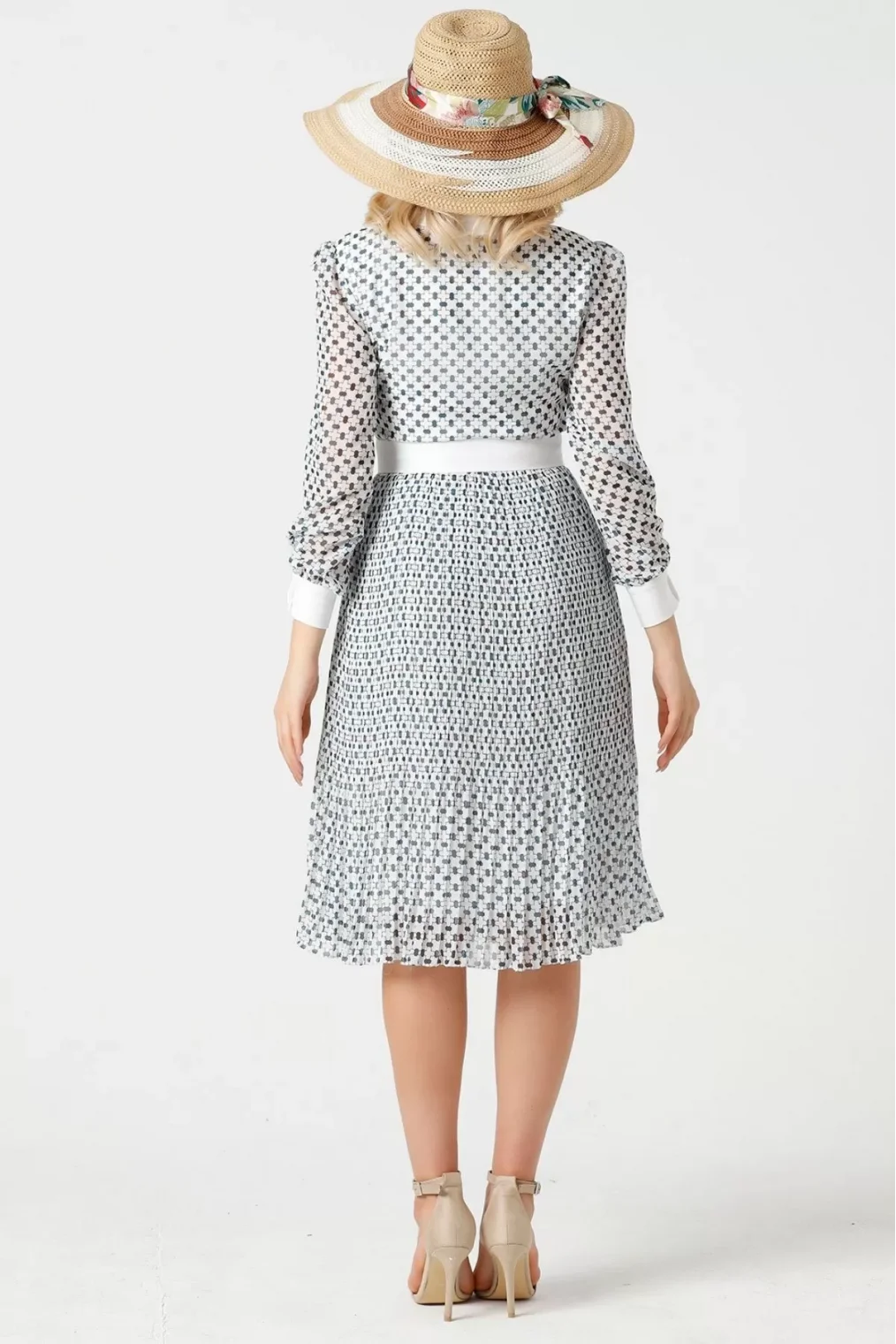 Bağlama Detaylı Pliseli Elbise 1774-Beyaz