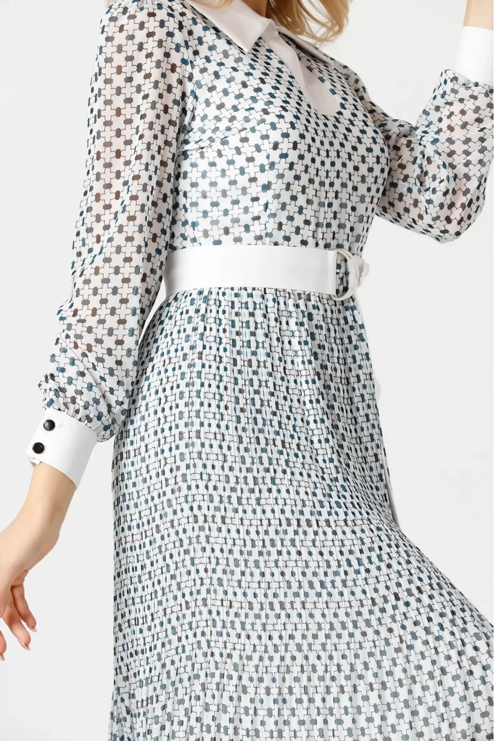 Bağlama Detaylı Pliseli Elbise 1774-Beyaz