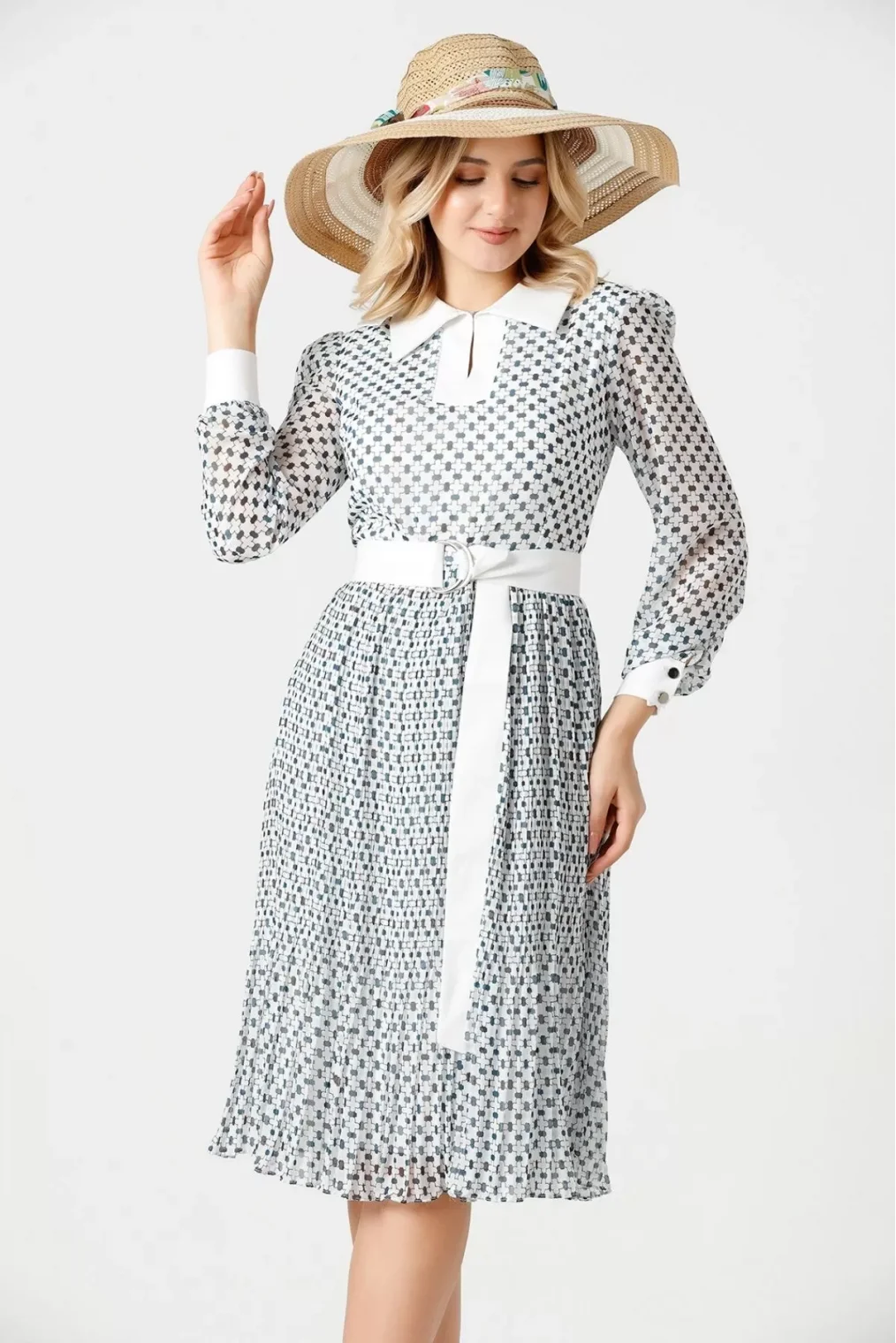 Bağlama Detaylı Pliseli Elbise 1774-Beyaz