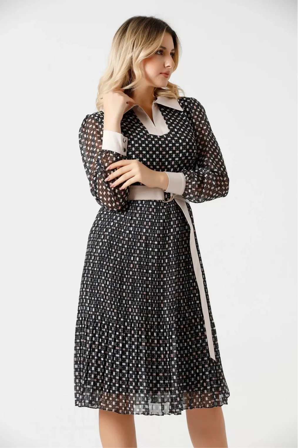 Bağlama Detaylı Pliseli Elbise 1774-Siyah/Bej