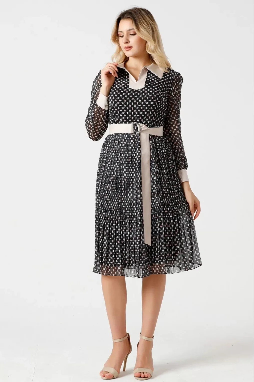 Bağlama Detaylı Pliseli Elbise 1774-Siyah/Bej