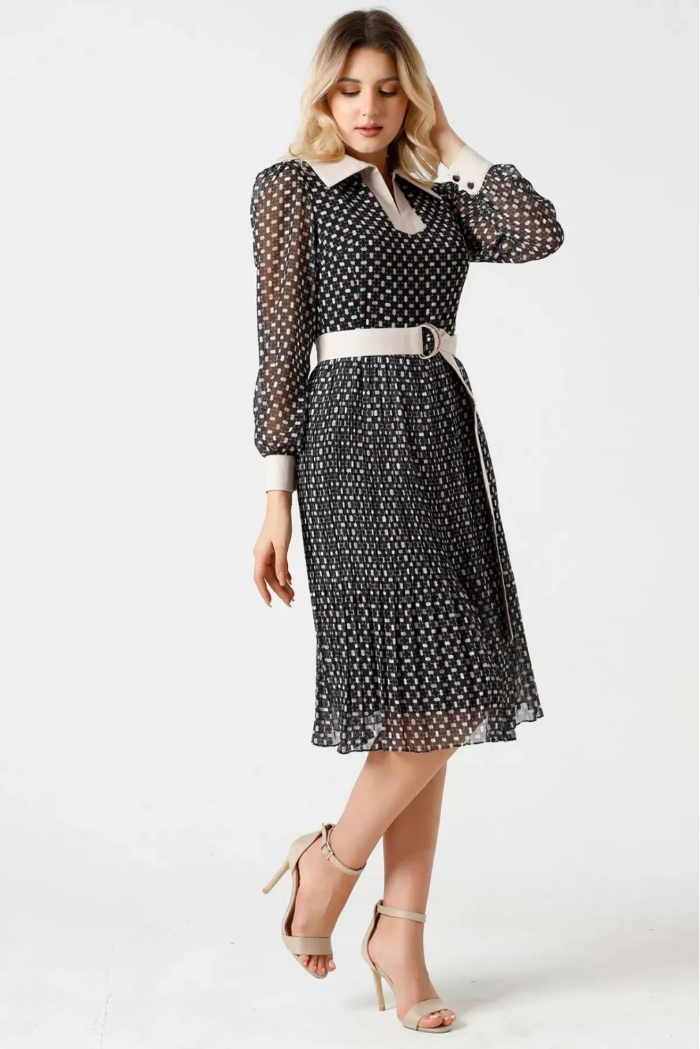 Bağlama Detaylı Pliseli Elbise 1774-Siyah/Bej