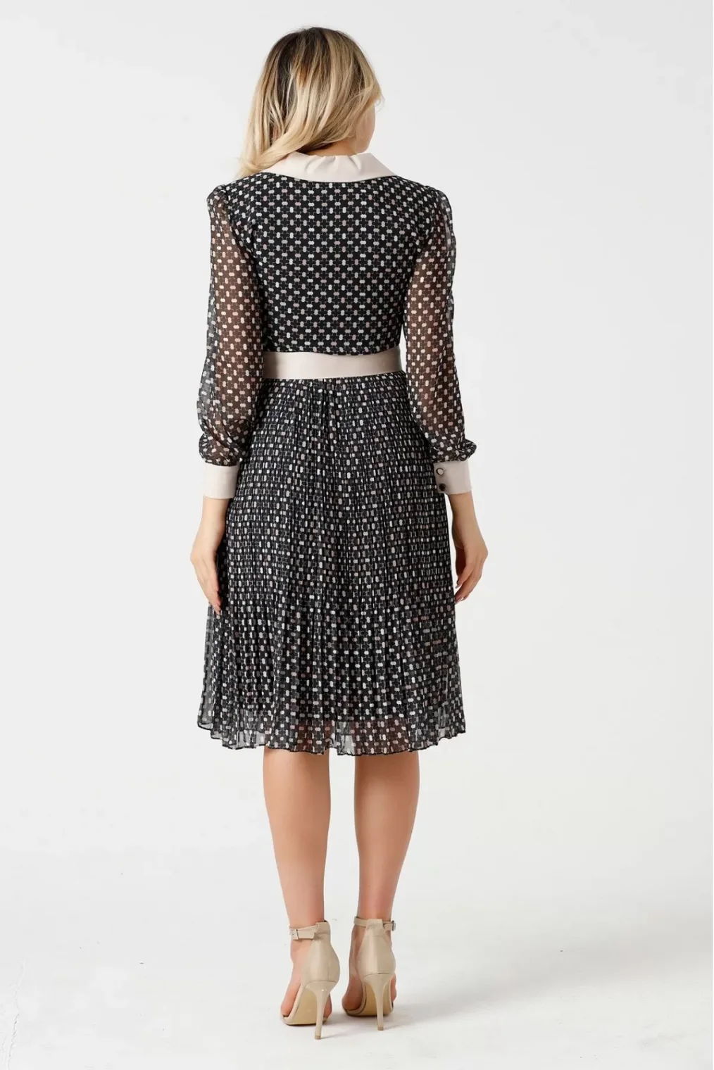 Bağlama Detaylı Pliseli Elbise 1774-Siyah/Bej