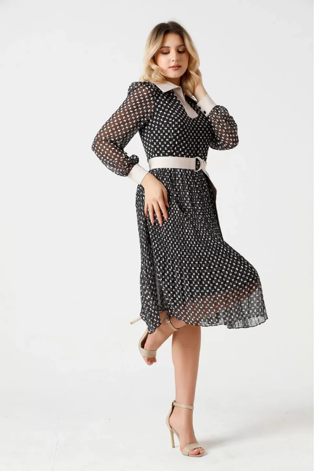 Bağlama Detaylı Pliseli Elbise 1774-Siyah/Bej