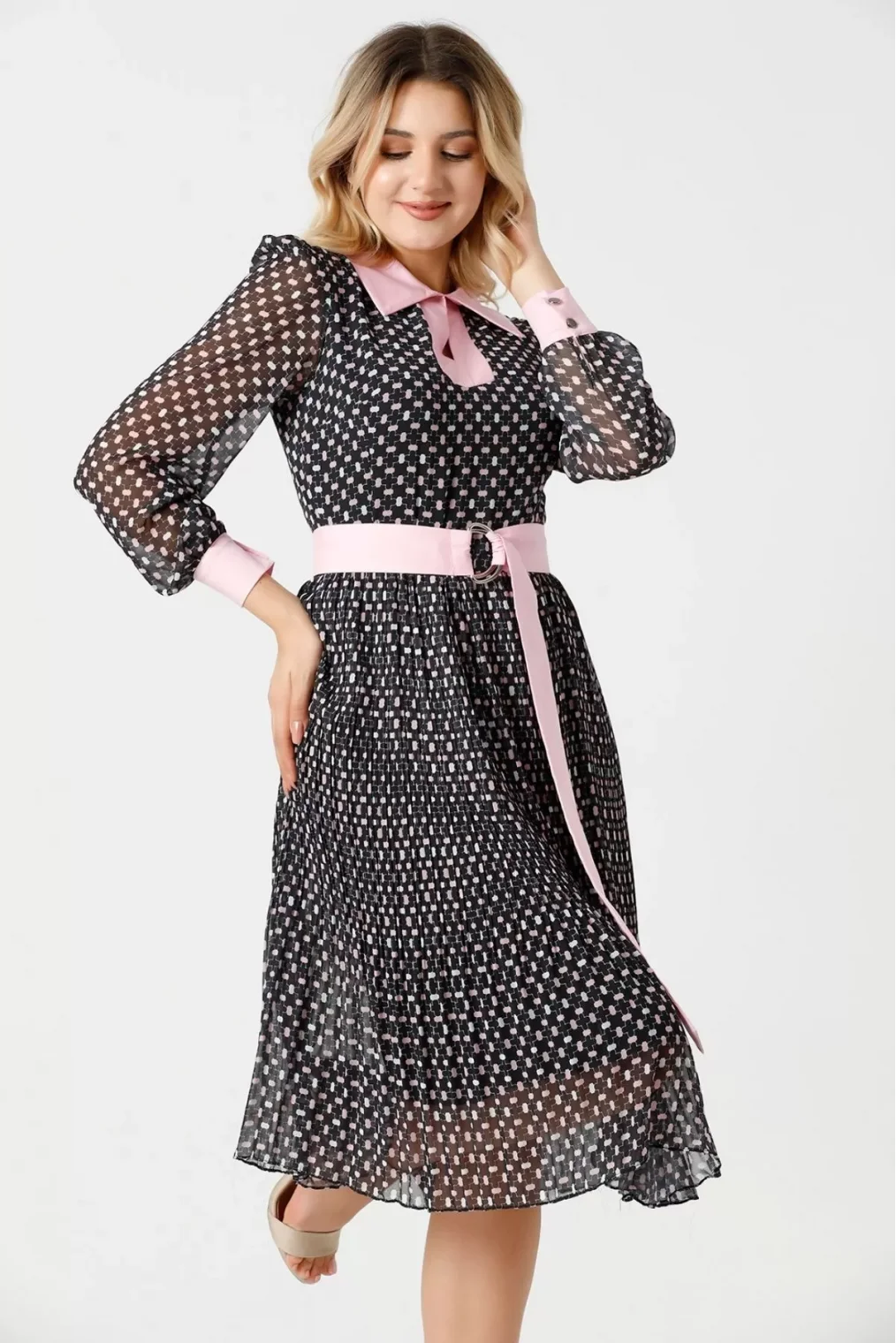 Bağlama Detaylı Pliseli Elbise 1774-Siyah/Pembe