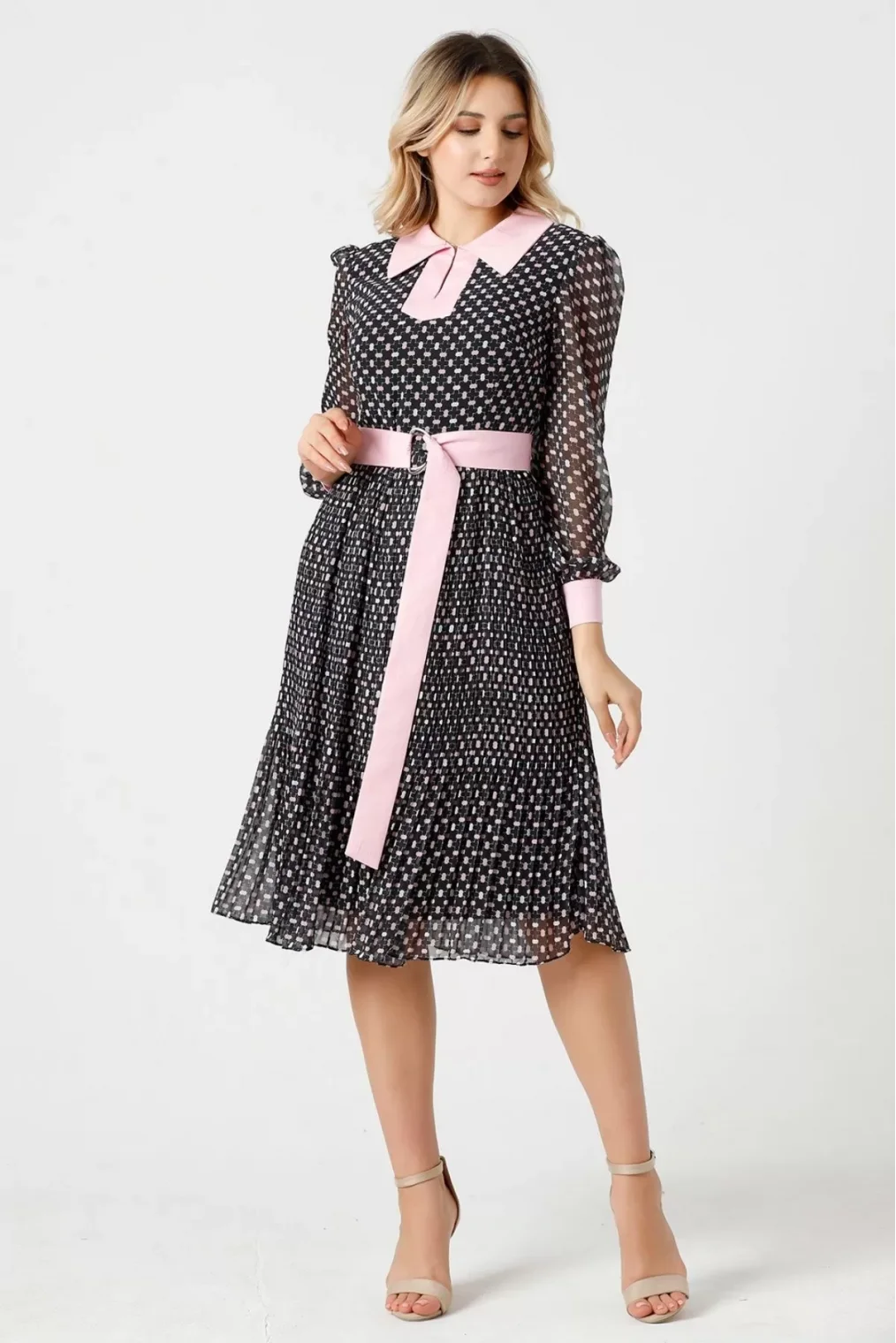 Bağlama Detaylı Pliseli Elbise 1774-Siyah/Pembe