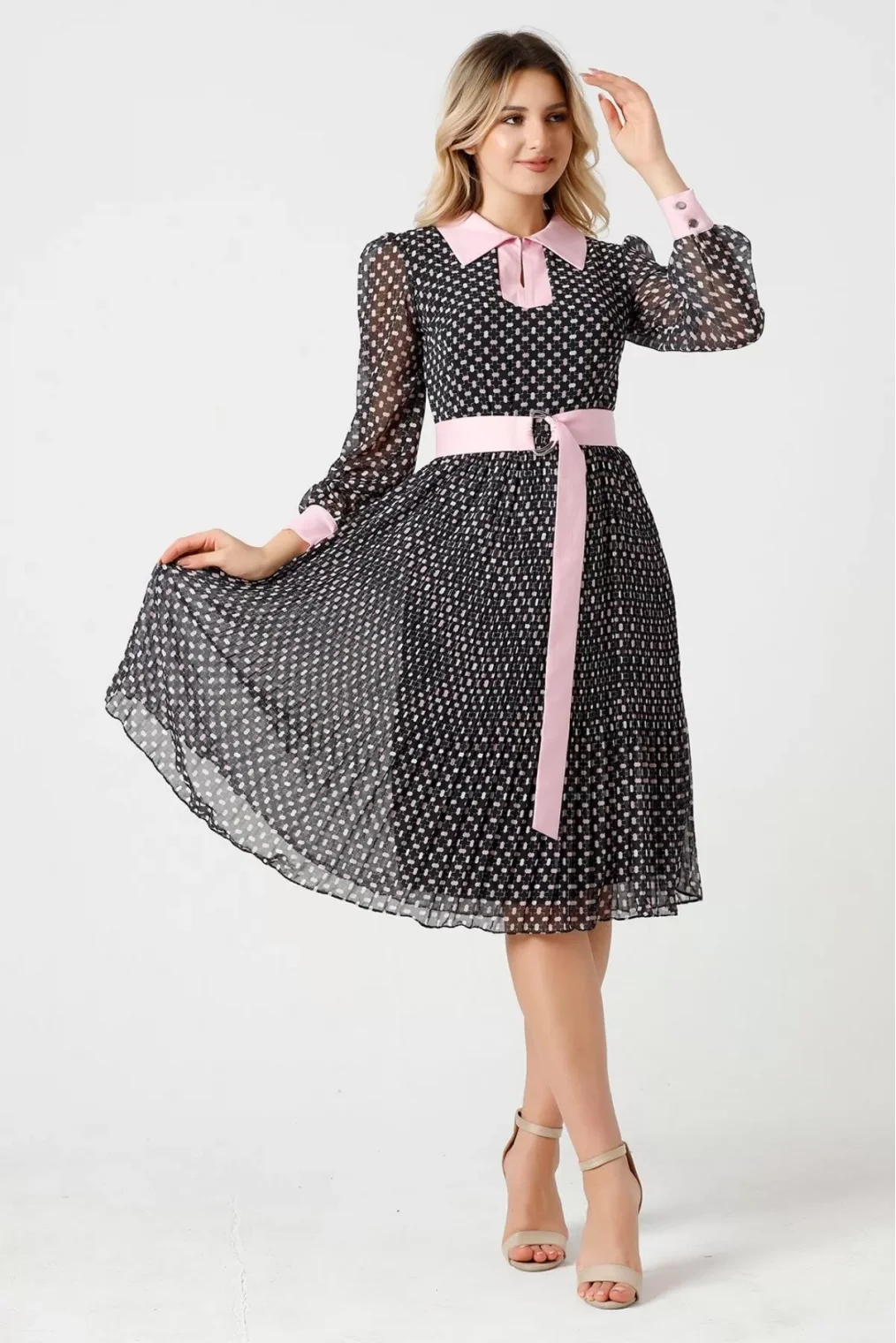 Bağlama Detaylı Pliseli Elbise 1774-Siyah/Pembe