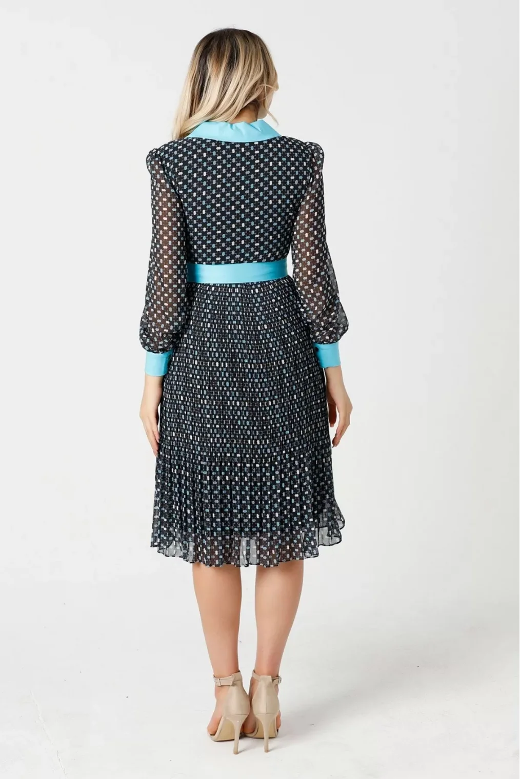 Bağlama Detaylı Pliseli Elbise 1774-Siyah/Turkuaz