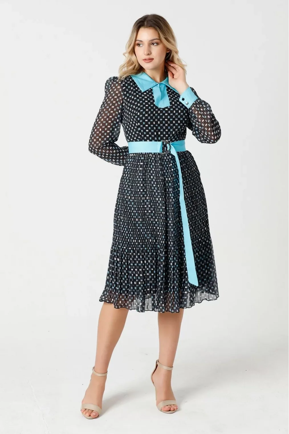 Bağlama Detaylı Pliseli Elbise 1774-Siyah/Turkuaz