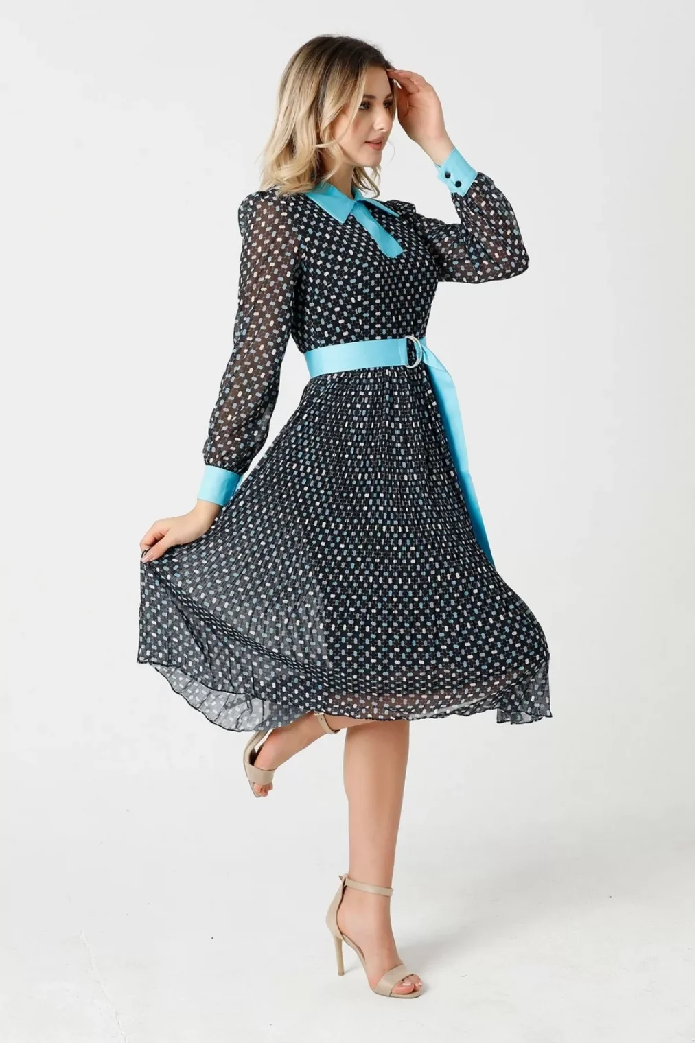 Bağlama Detaylı Pliseli Elbise 1774-Siyah/Turkuaz