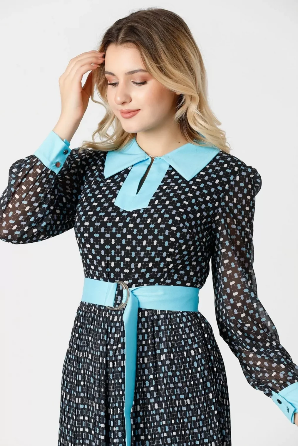 Bağlama Detaylı Pliseli Elbise 1774-Siyah/Turkuaz