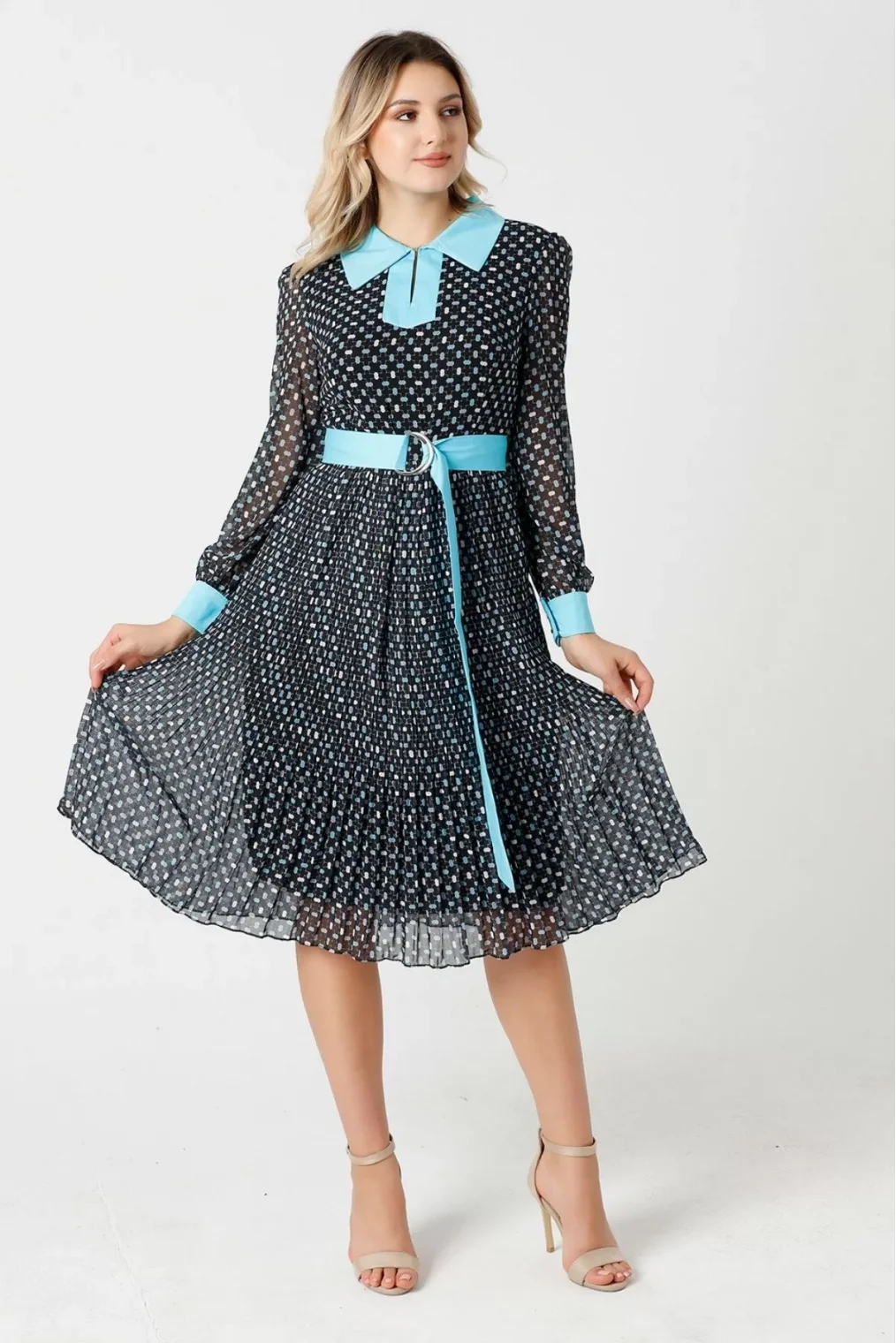 Bağlama Detaylı Pliseli Elbise 1774-Siyah/Turkuaz
