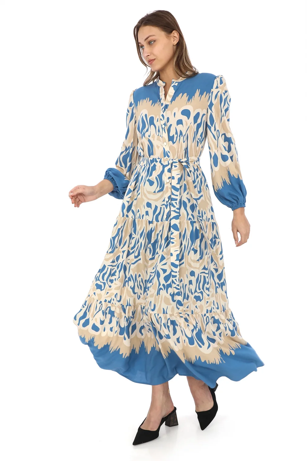 Bağlama Detaylı Viskon Elbise 6002-Bej