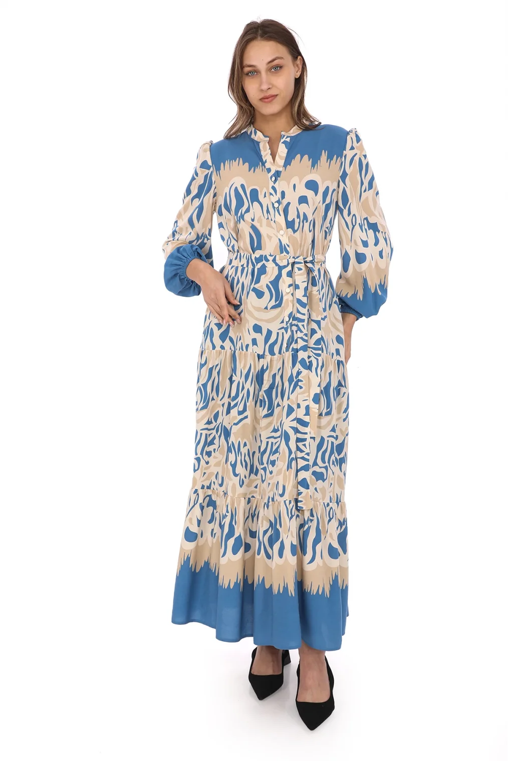 Bağlama Detaylı Viskon Elbise 6002-Bej