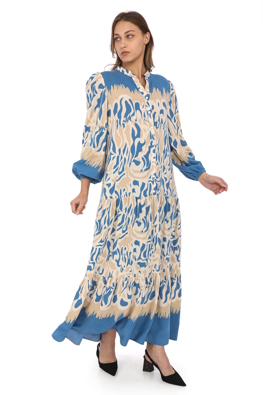 Bağlama Detaylı Viskon Elbise 6002-Bej