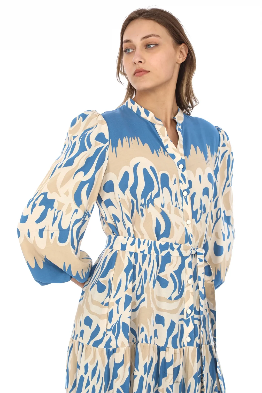 Bağlama Detaylı Viskon Elbise 6002-Bej