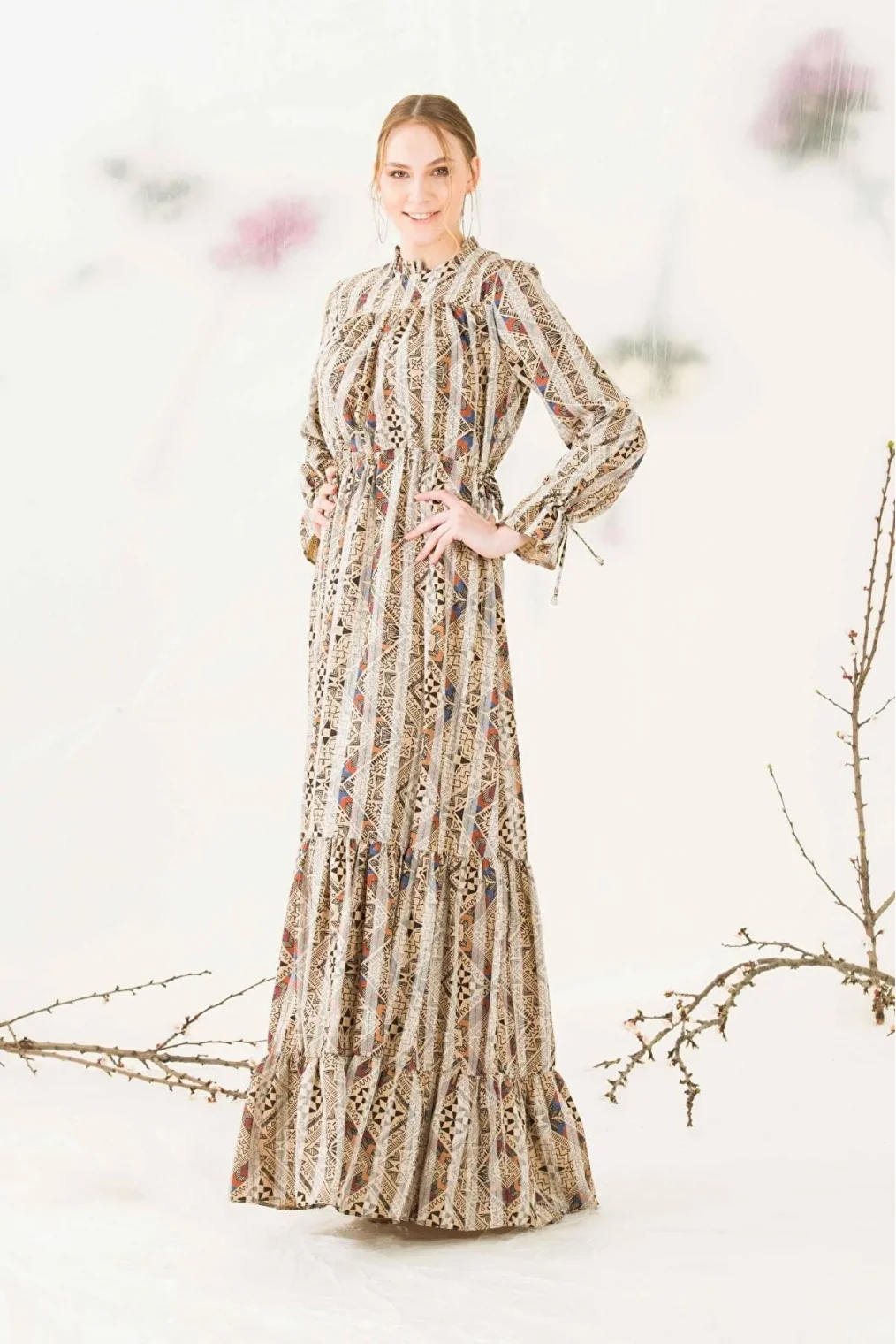 Bağlama Ve Büzgü Detaylı Maxi Elbise 578-VİZON