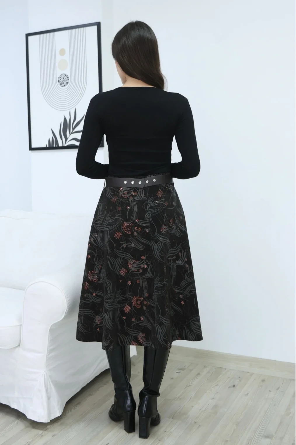 Baskılı ve Kemerli Kadife Etek 6069-Kahve/Çağla