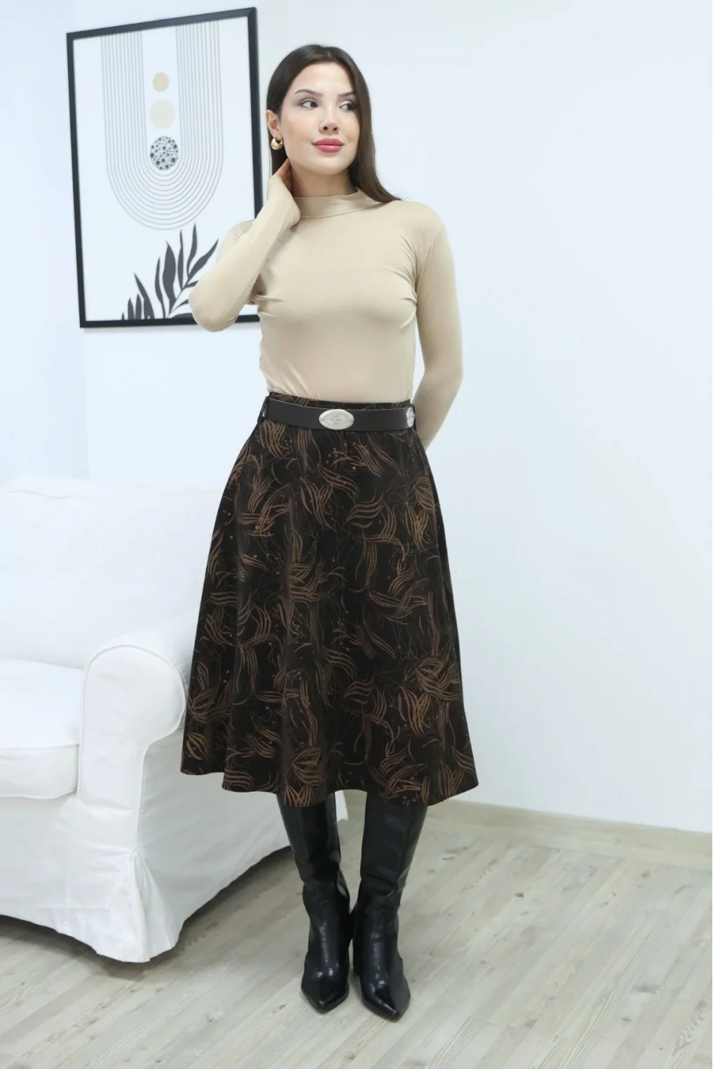 Baskılı ve Kemerli Kadife Etek 6069-Kahve/Camel