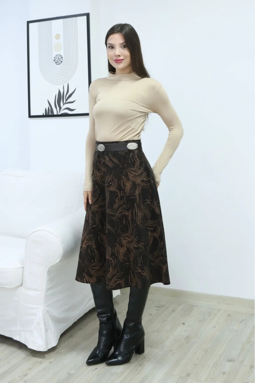 Baskılı ve Kemerli Kadife Etek 6069-Kahve/Camel