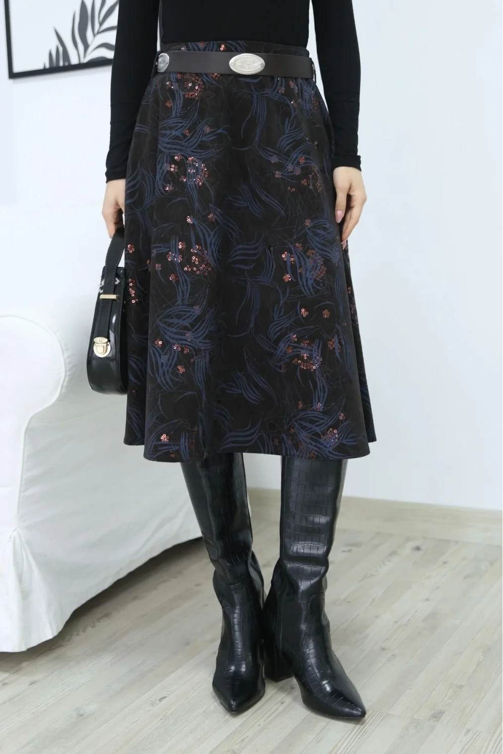 Baskılı ve Kemerli Kadife Etek 6069-Kahve/İndigo